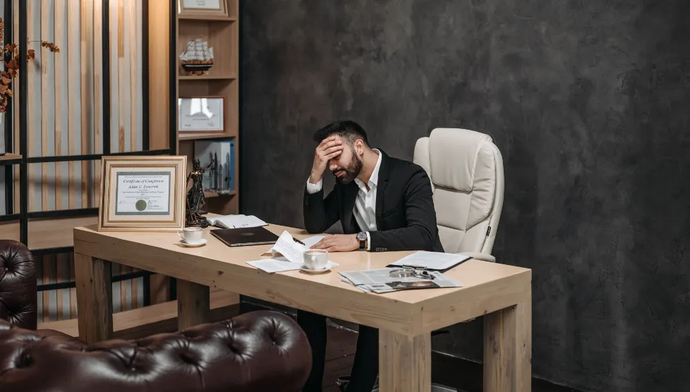 Executive sitting at a desk with head in hand, visually depicting fatigue and stress to illustrate the blog ‘The Cost of Leading Without Recovery’ about how sustained pressure impacts leadership performance.