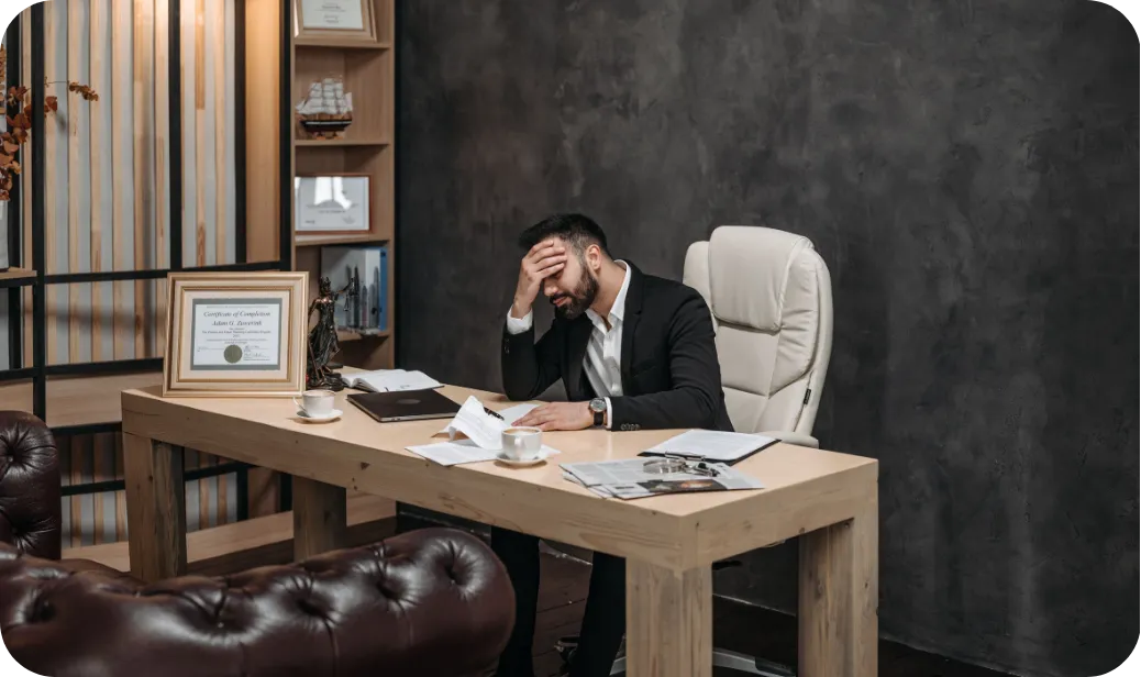 Executive sitting at a desk with head in hand, visually depicting fatigue and stress to illustrate the blog ‘The Cost of Leading Without Recovery’ about how sustained pressure impacts leadership performance.
