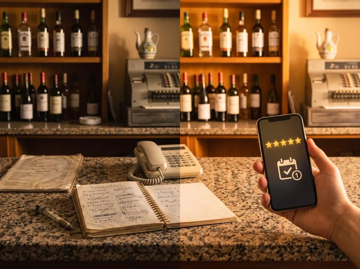 Bar tradicional y gestión moderna en el móvil (imagen ilustrativa)