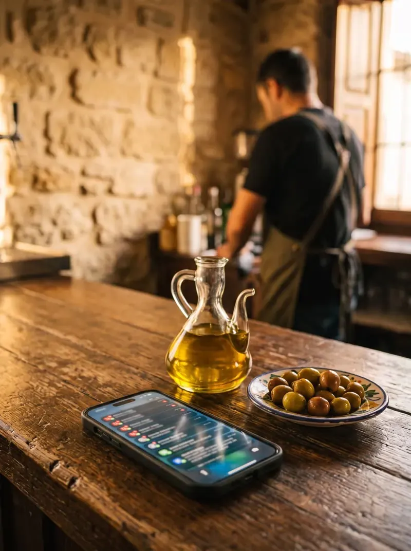 Móvil con avisos en la barra de un bar junto a aceite y aceitunas (imagen ilustrativa)