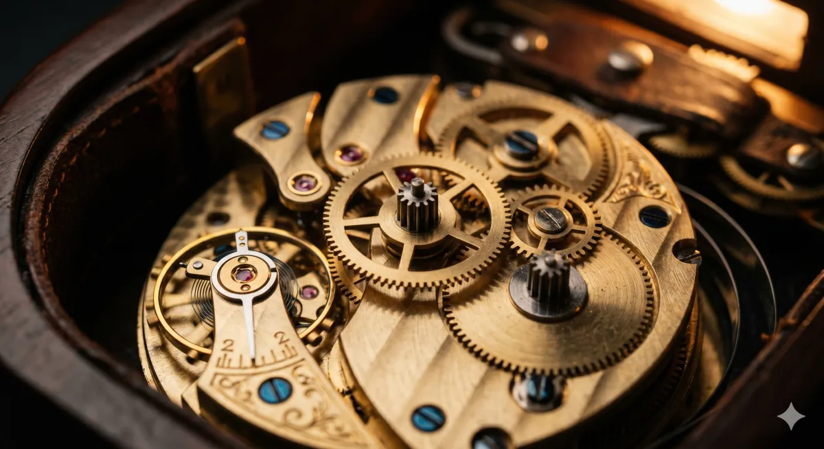 Close-up cinematic photograph of a mechanical analog clock mechanism, brass gears interlocking, warm dramatic lighting, shallow depth of field, luxury editorial quality