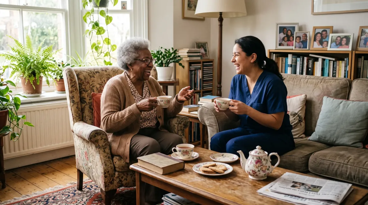Caregiver providing warm in-home care to a senior in Englewood