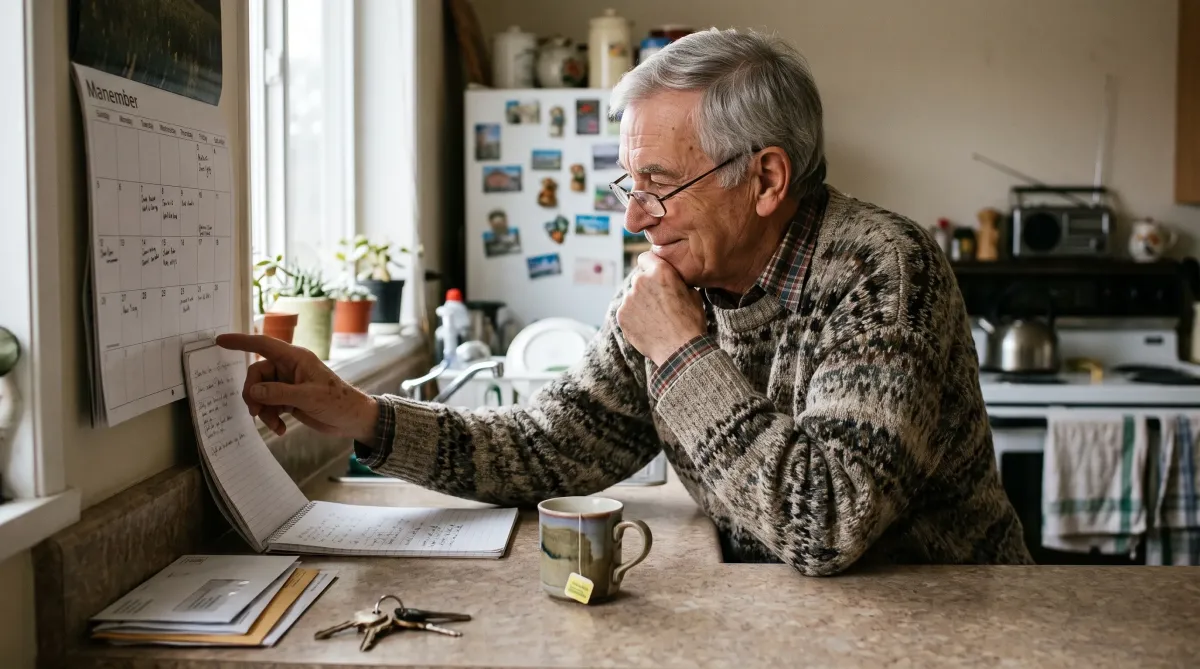 An older adult experiencing early memory changes at home