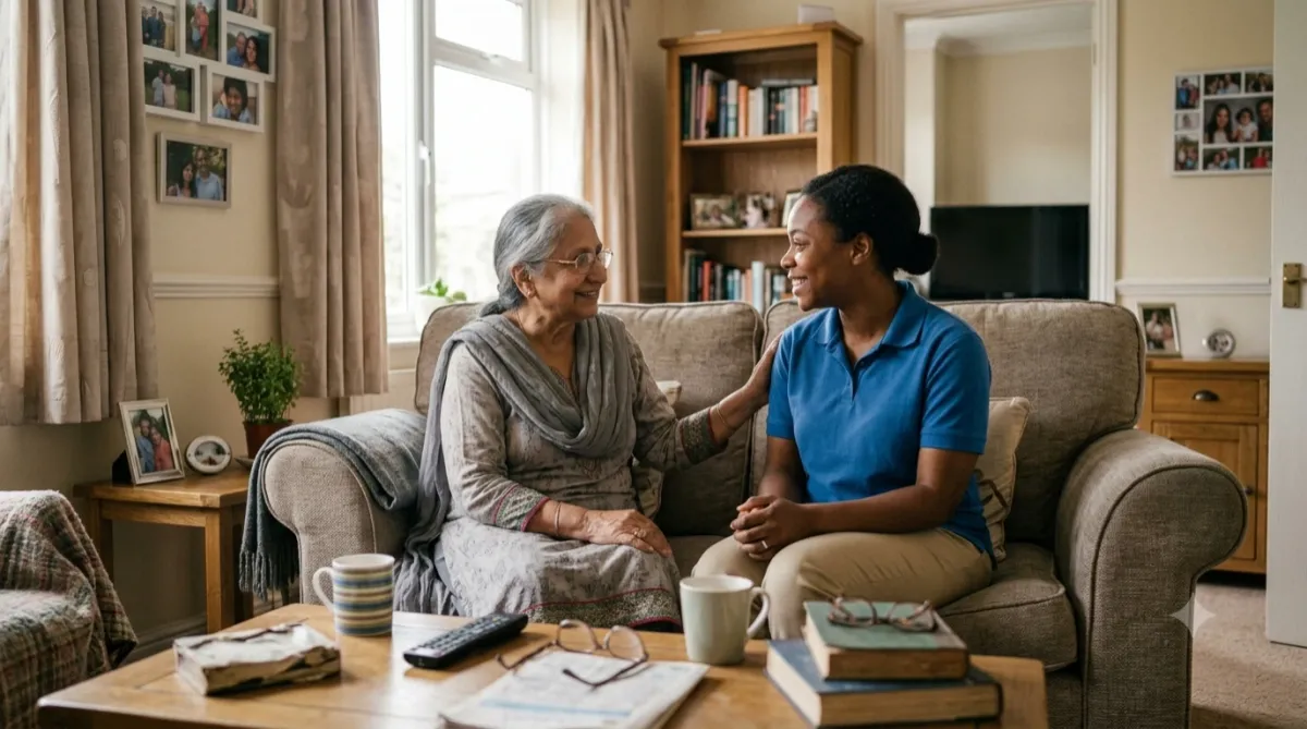 A caregiver providing companionship to ease an older adult's loneliness
