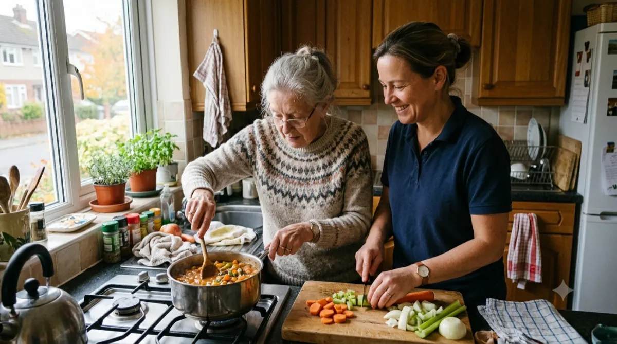 A caregiver providing non-medical home care with daily tasks