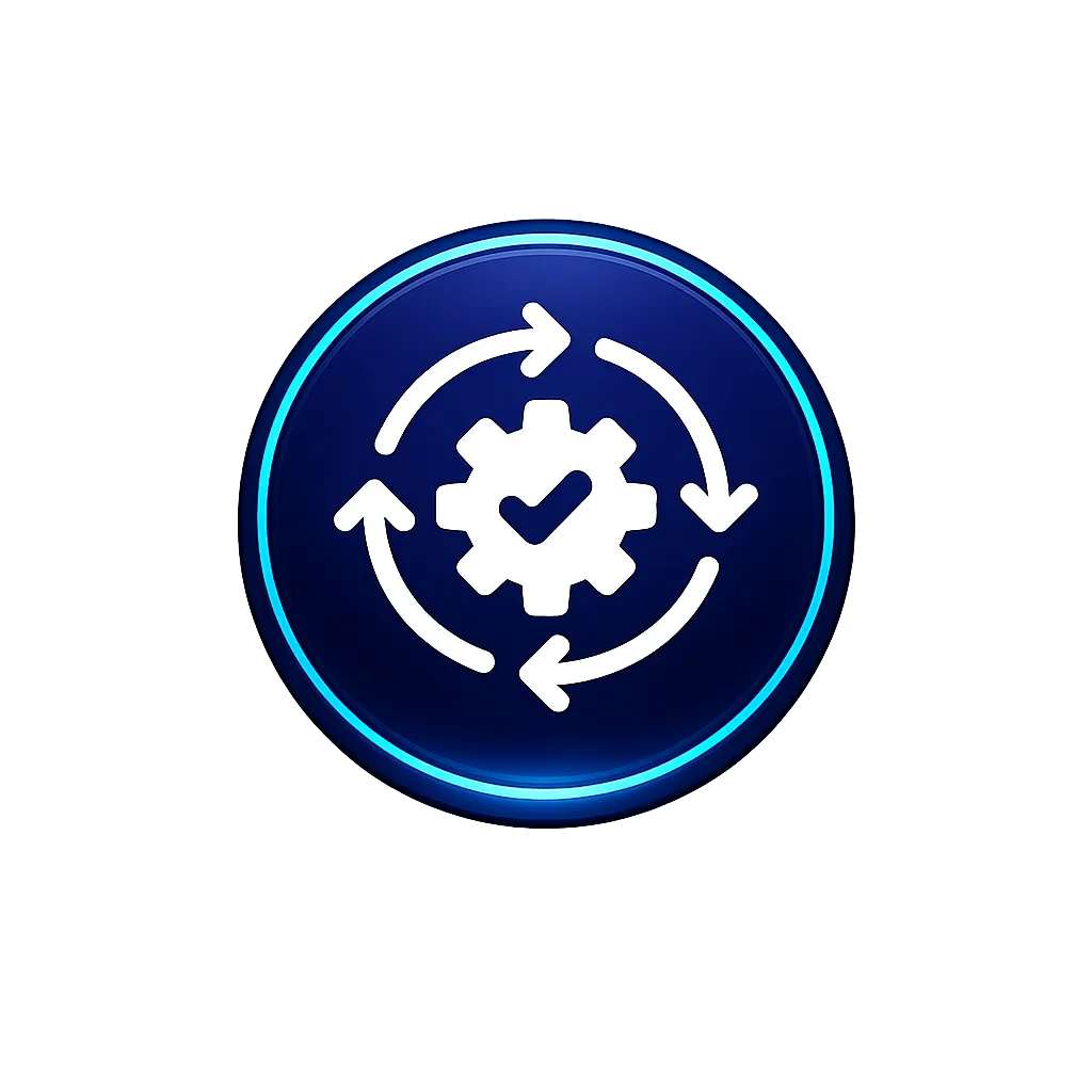 A dark purple circle with a gear that has a checkmark in the middle 
