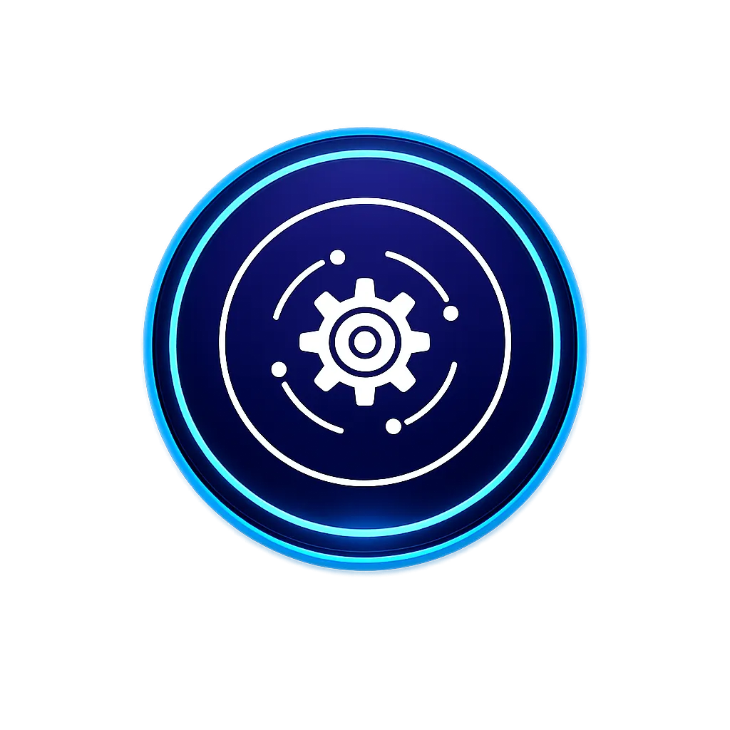 A dark purple circle with a gear icon in the middle