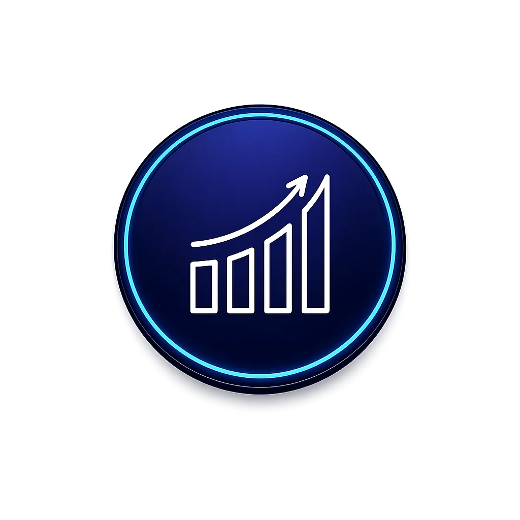 A dark purple circle with an upwards chart icon in the middle