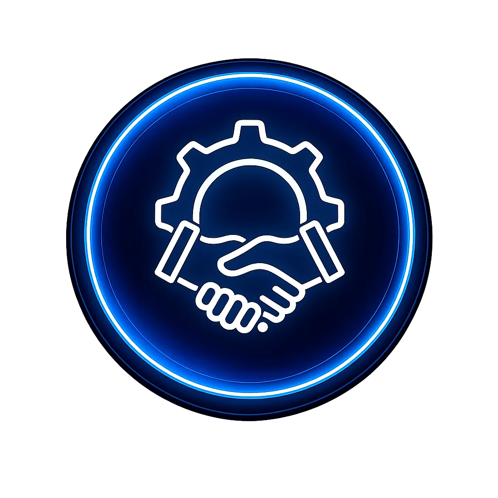 A dark purple circle with an icon that shows a gear and a handshake 