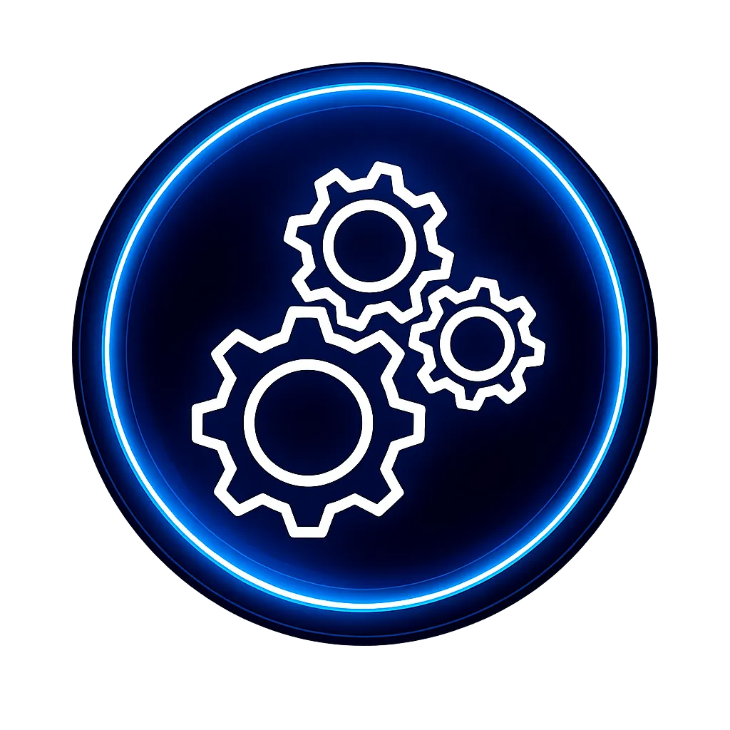 A dark purple circle with an icon that shows three gears in the middle