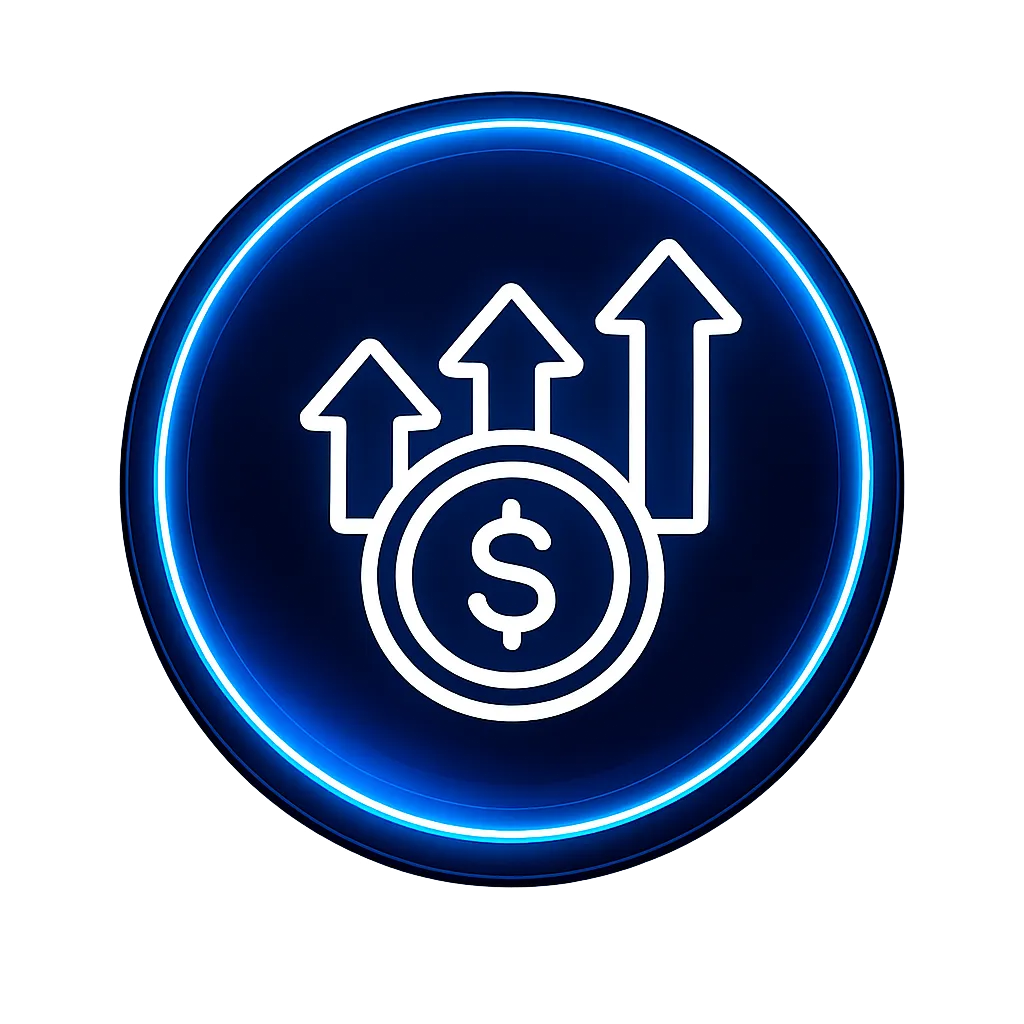 A dark purple circle with an icon that shows a dollar sign and three arrows pointing up in the middle