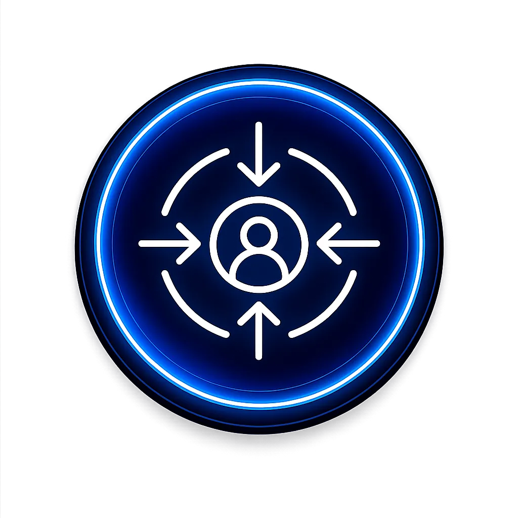 A dark purple circle with an icon that shows a person with arrows aimed at them in the middle
