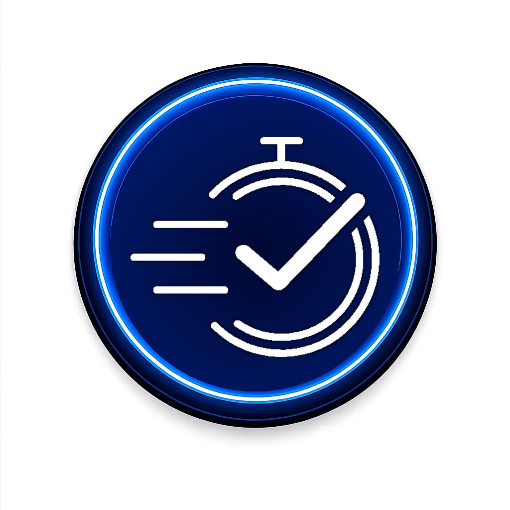 A dark purple circle with an icon that shows a timer with a checkmark in the middle of it