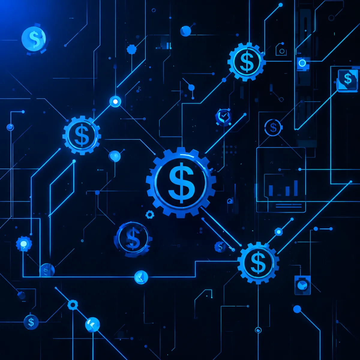 A digital network-themed illustration featuring interconnected gears with dollar symbols, glowing in shades of purple against a dark background, representing financial technology and automated systems.