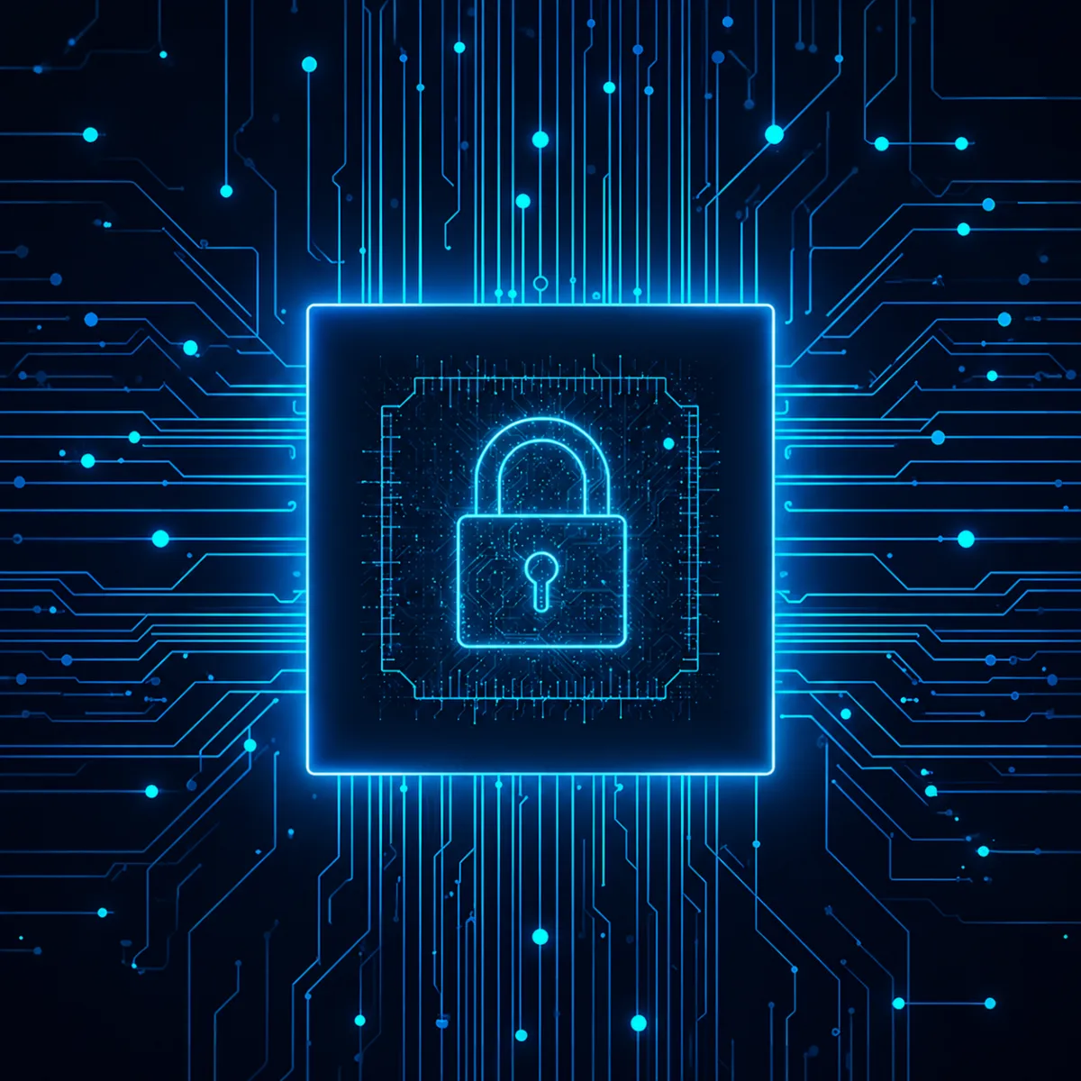 A glowing neon-purple padlock icon centered inside a digital circuit board design, symbolizing cybersecurity and data protection.