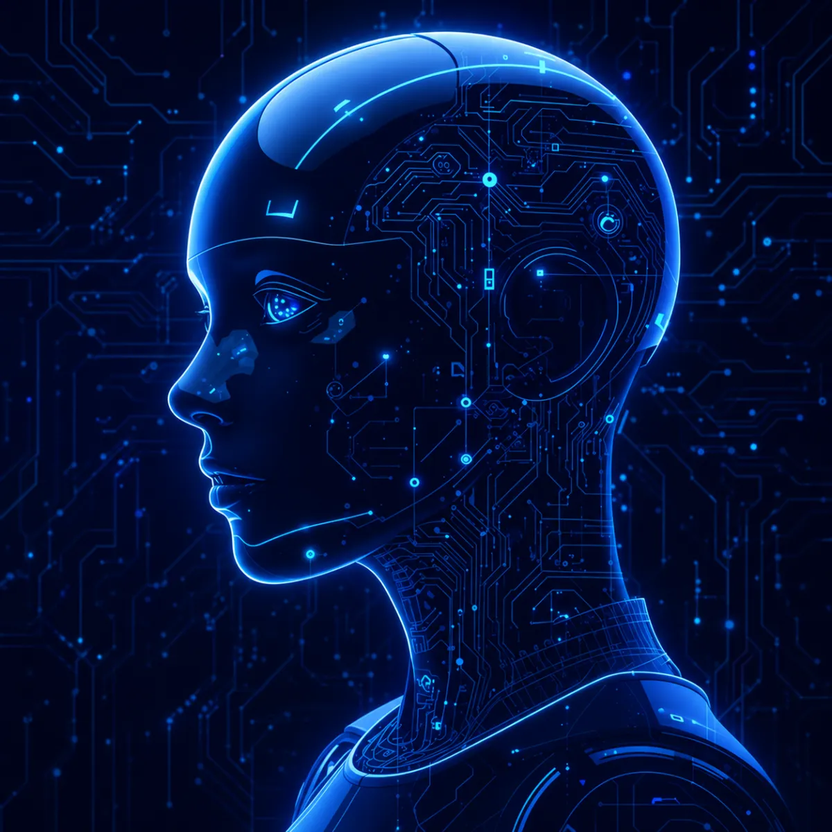 A futuristic profile illustration of a humanoid robot with glowing purple circuitry and digital patterns integrated into its head and neck, set against a dark technological background.