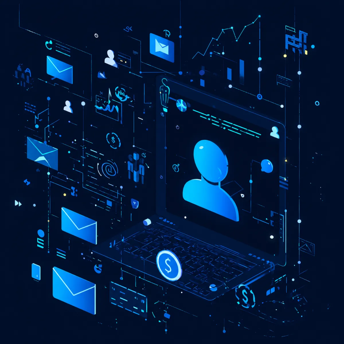 A futuristic digital illustration of a laptop surrounded by floating icons for messages, analytics, user profiles, and financial symbols, representing online communication, data management, and digital marketing systems.