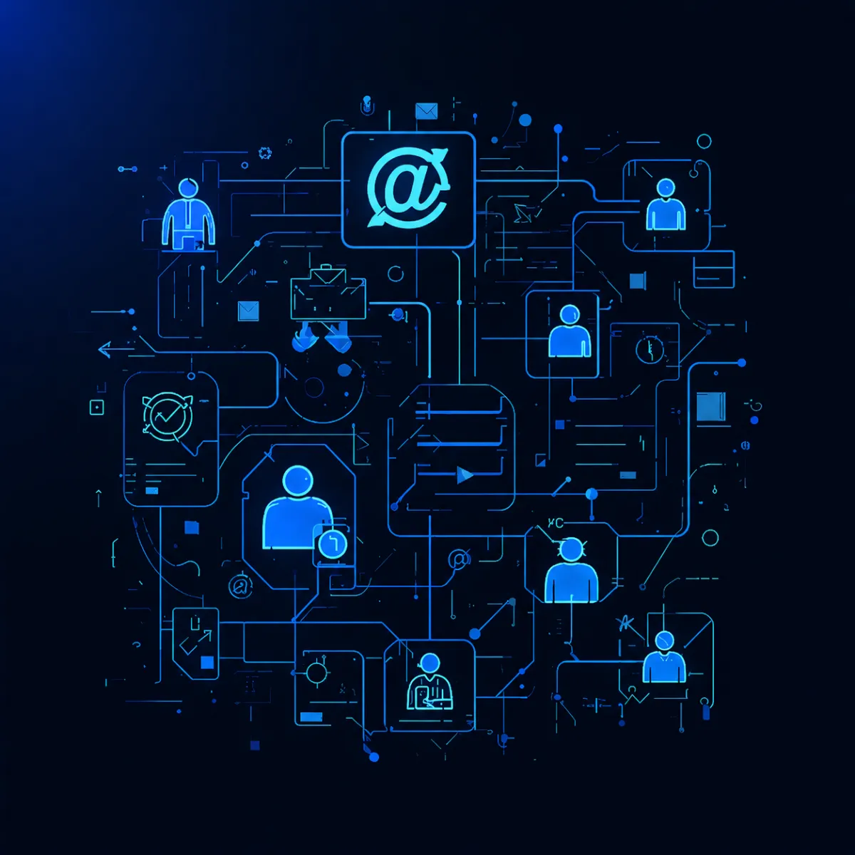 A digital illustration of interconnected icons representing email, user profiles, workflows, and communication channels, arranged in a glowing purple network to symbolize automated messaging and digital communication systems.