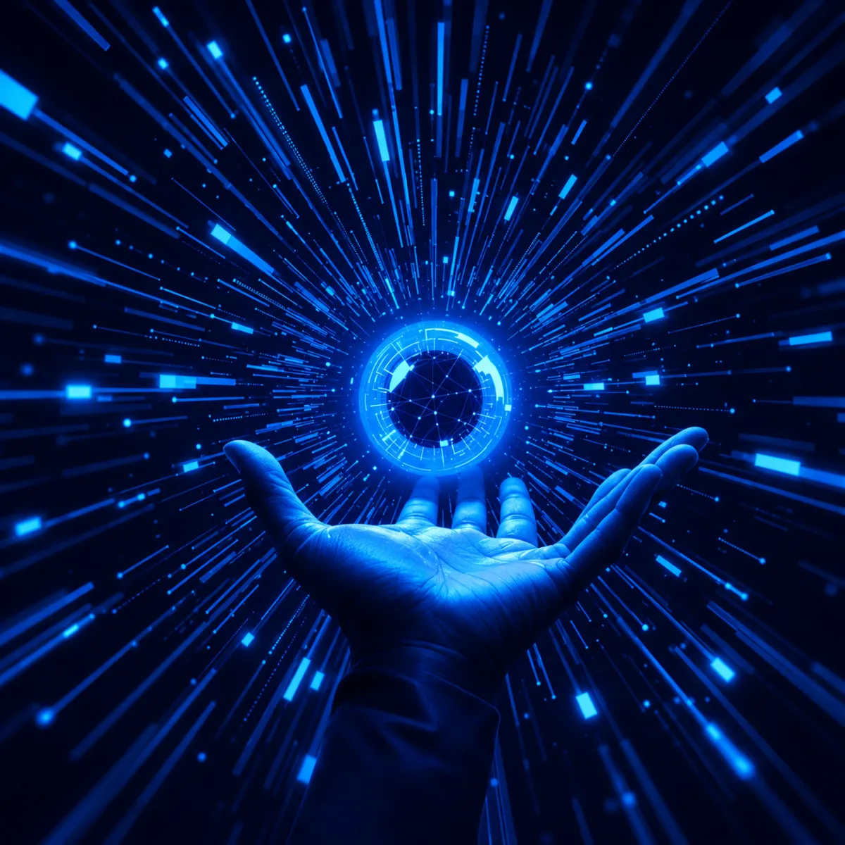 A glowing, purple-lit hand reaches upward toward a bright digital sphere, with streaks of blue and magenta light radiating outward, symbolizing control of futuristic technology or data energy.