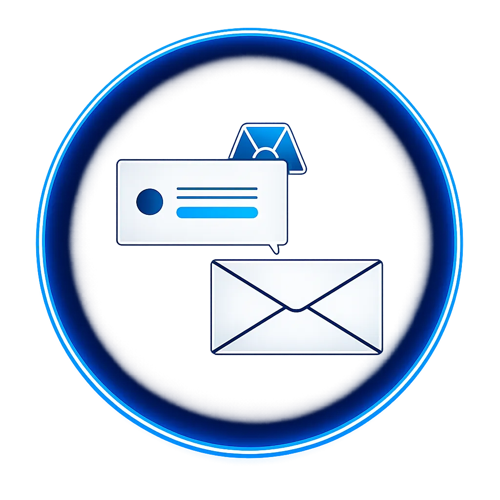 A purple circle with an icon in the middle that shows two envelopes and an icon that resembles an email