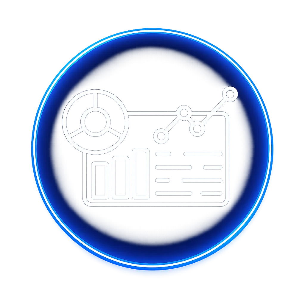 A purple circle with an icon in the middle that shows a dashboard resembling upwards trends
