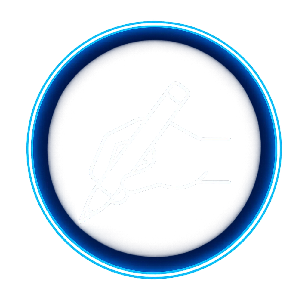 A purple circle with an icon in the middle that shows a hand writing with a pen