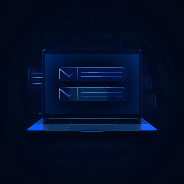 A glowing purple and blue illustration of a laptop displaying stylized email message icons on the screen, symbolizing digital communication or email management.