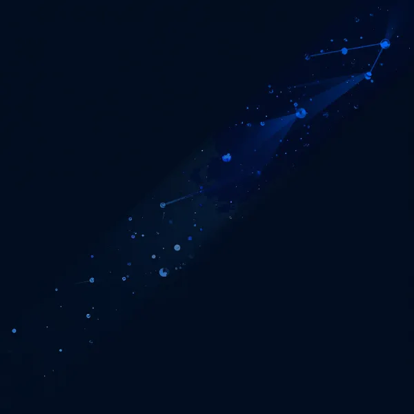 An abstract diagonal trail of glowing purple and blue particles connected by faint lines, resembling a constellation or data stream against a dark background.