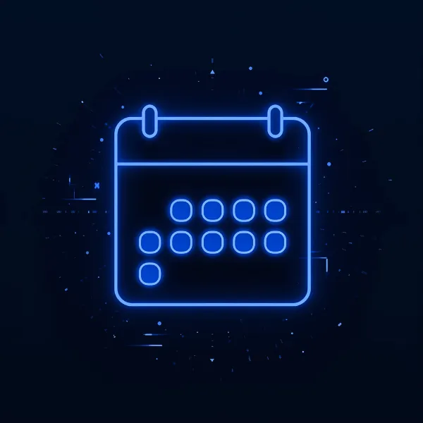 A glowing neon-purple calendar icon with circular date markers, set against a dark digital background with subtle futuristic light effects.