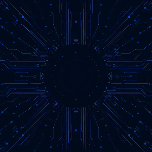 An abstract digital circuit pattern radiating outward from a dark circular center, with glowing purple lines and nodes forming a futuristic technological design.