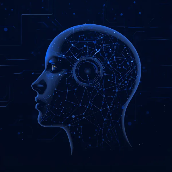 A futuristic digital illustration of a humanoid profile with glowing purple neural network lines and circuitry inside the head, symbolizing artificial intelligence and advanced cognitive technology.