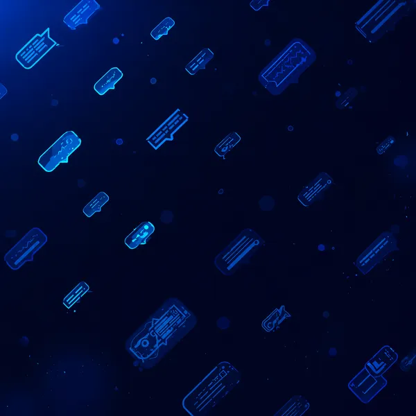 A dark purple background scattered with faint glowing chat bubble icons in various shapes and sizes, representing digital messages or communication.