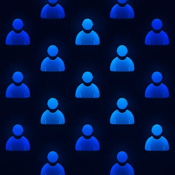 A repeating pattern of glowing blue and purple user profile icons arranged in rows against a dark digital background, representing people or online accounts.