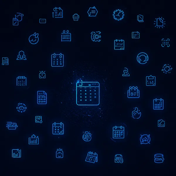 A glowing purple central calendar icon surrounded by many smaller calendar and scheduling-related icons arranged in a circular pattern against a dark digital background.