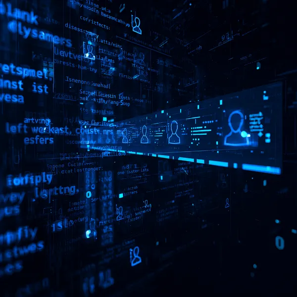 A futuristic digital interface filled with glowing purple data, code, and user profile icons, creating the appearance of navigating through a virtual data network or online identity system.