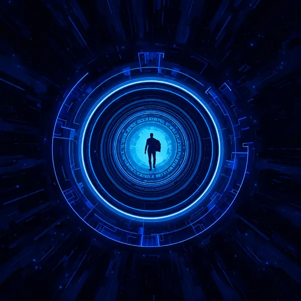 A silhouette of a person walking through the center of glowing purple concentric digital rings, creating the appearance of entering a futuristic portal or virtual world.