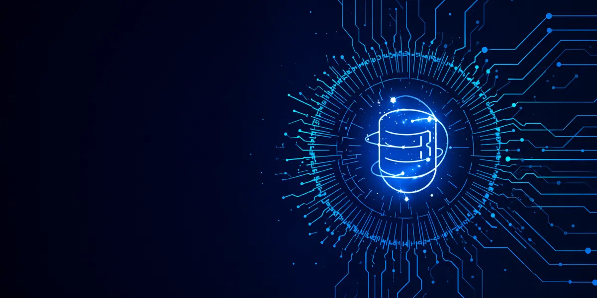 A glowing neon illustration of a database icon surrounded by circular digital circuitry and purple-blue light effects, symbolizing data storage and advanced technology on a dark background.