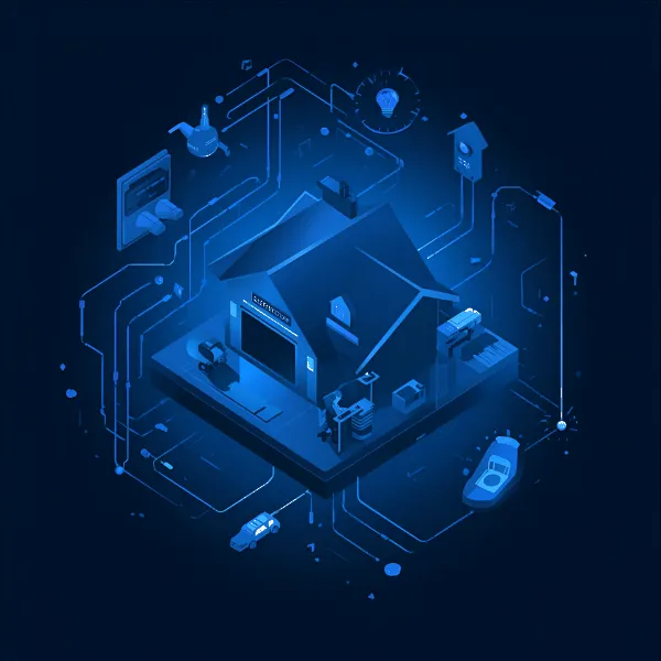 A glowing purple isometric illustration of a smart home surrounded by connected devices and digital circuits, symbolizing home automation, IoT technology, and integrated smart systems.