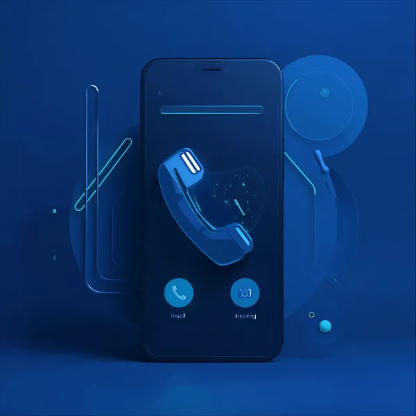 A stylized smartphone interface glowing in purple tones, displaying an incoming call screen with a neon phone icon and circular buttons for answering or dismissing the call.