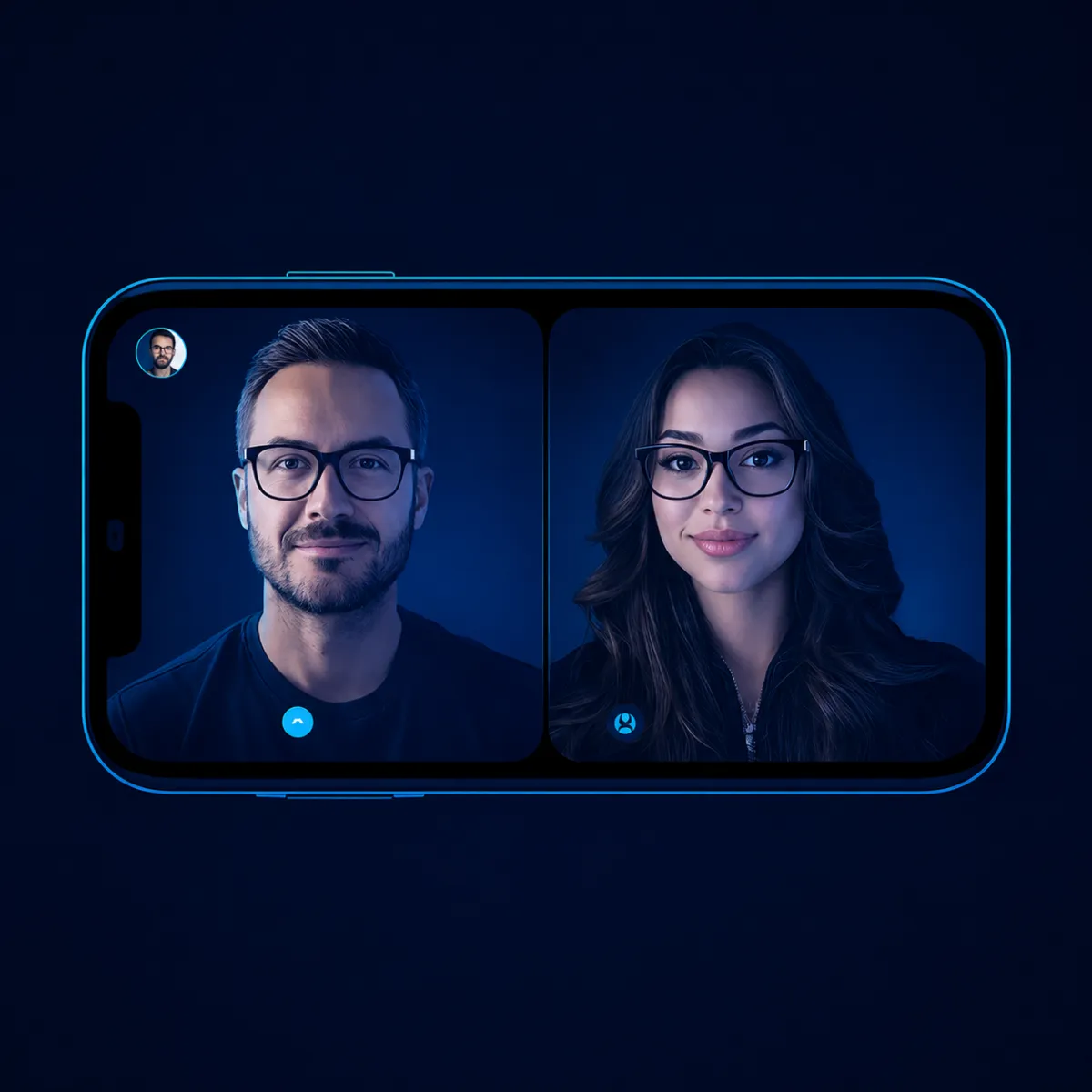 A smartphone screen displaying a video call interface with two people: a man on the left and a woman on the right, both wearing glasses and shown in purple and blue lighting tones against a dark background.