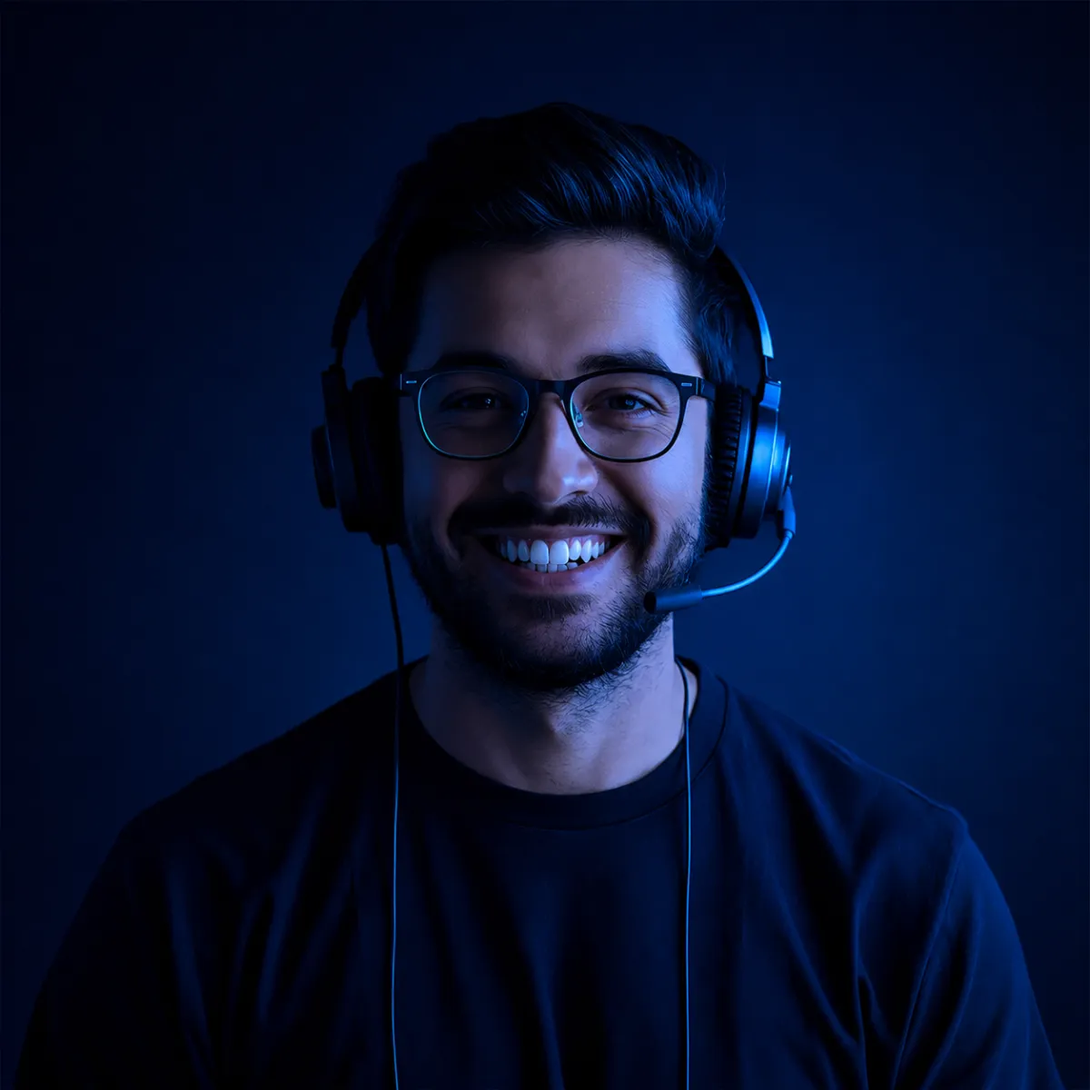 A young man wearing glasses and a headset smiles warmly while seated against a dark blue and purple background, illuminated by soft neon-style lighting.