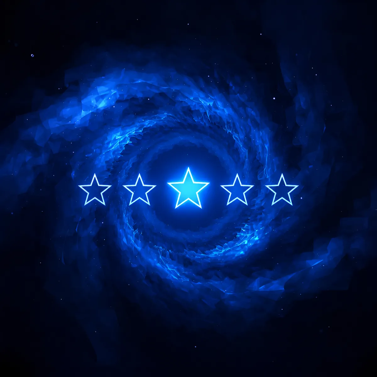 Five glowing purple stars arranged in a row at the center of a swirling cosmic vortex of purple and blue light, symbolizing a five-star rating with a futuristic theme.