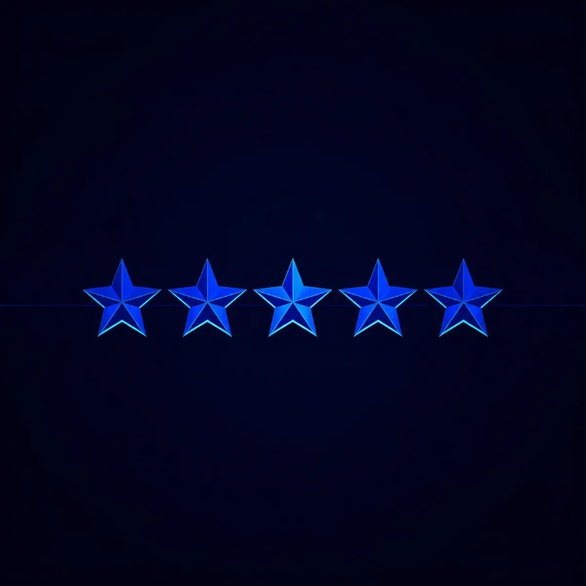 A row of five glowing purple 3D stars displayed against a dark background, representing a five-star rating.