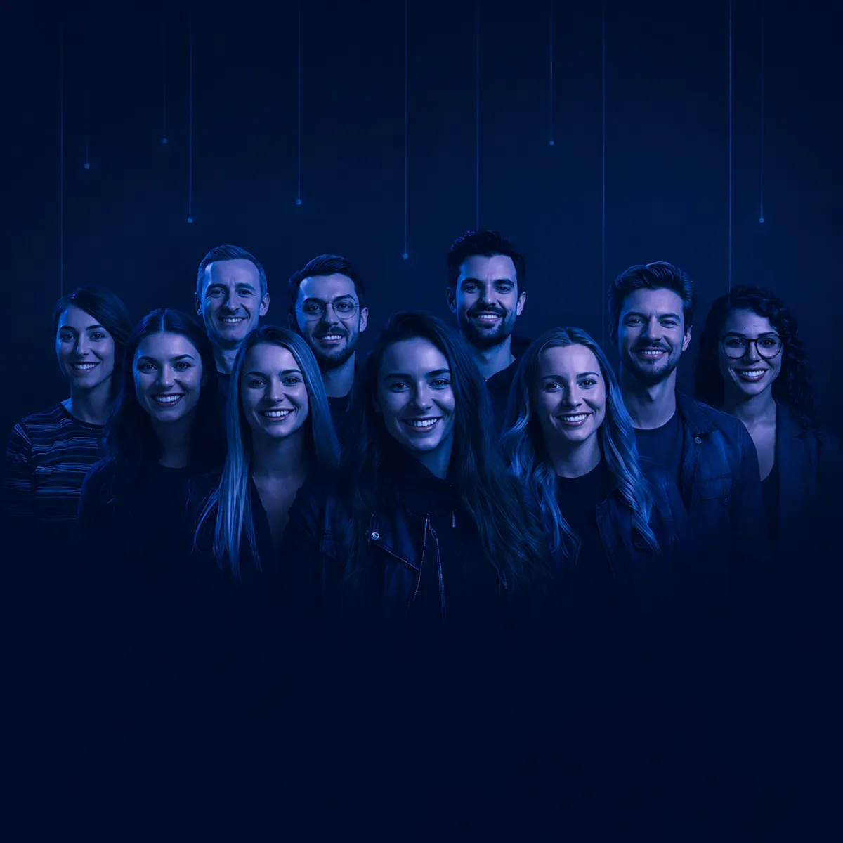 A group of ten people standing together and smiling, illuminated by purple and blue lighting against a dark gradient background