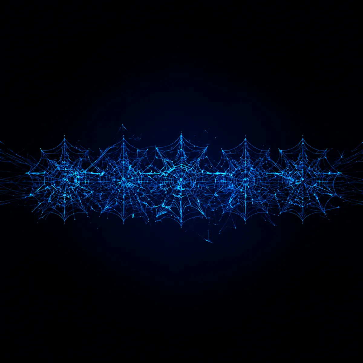 A horizontal row of interconnected purple web-like structures glowing against a dark background, resembling a digital or abstract network.