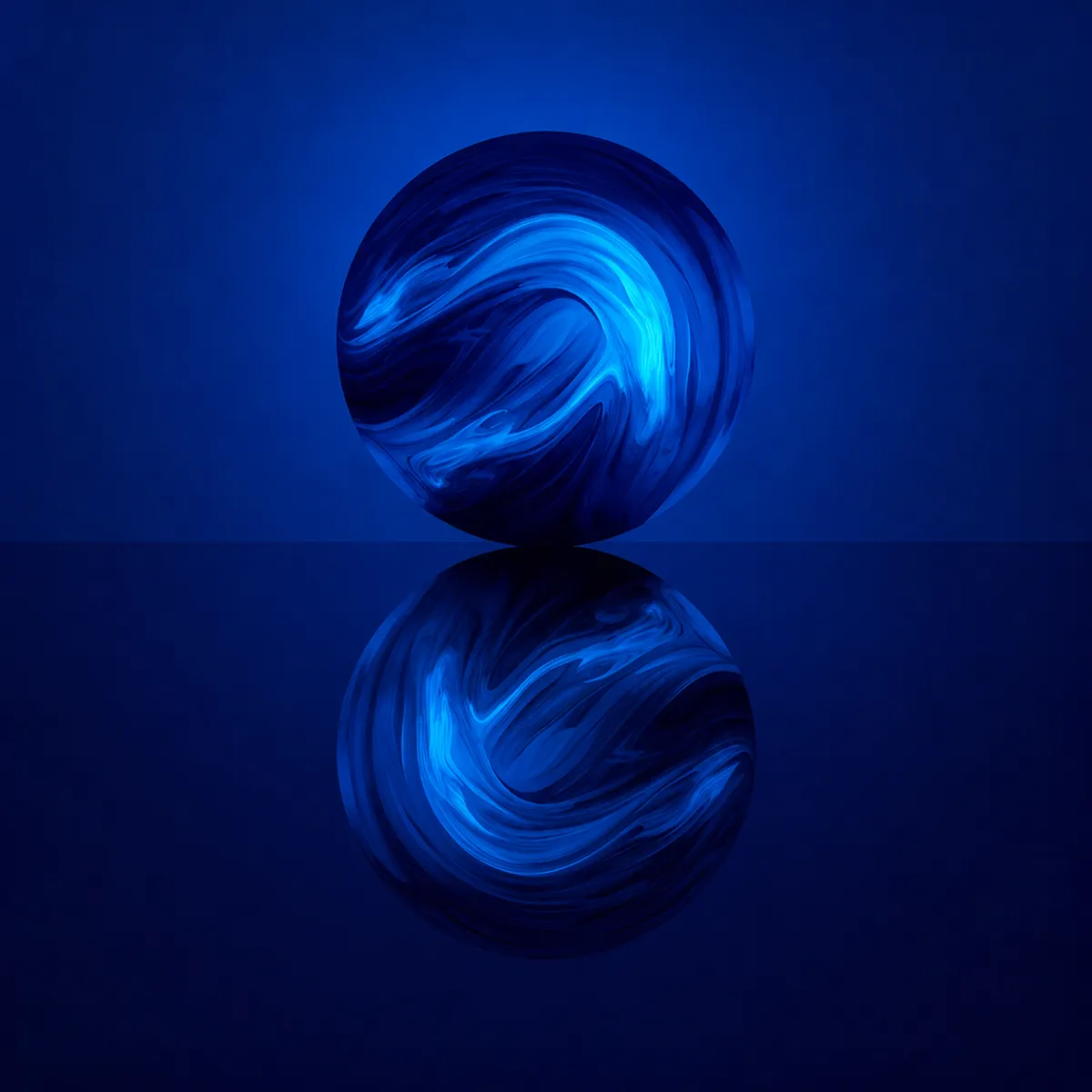 A swirling purple abstract sphere resting on a reflective surface, with its blue-tinted reflection creating a mirrored visual effect.