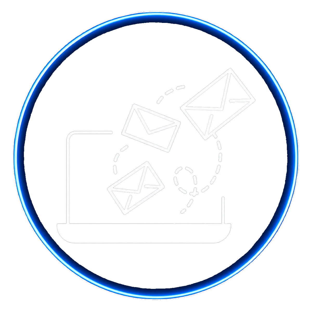A purple circle with an icon in the middle that shows a laptop with envelopes coming out of it