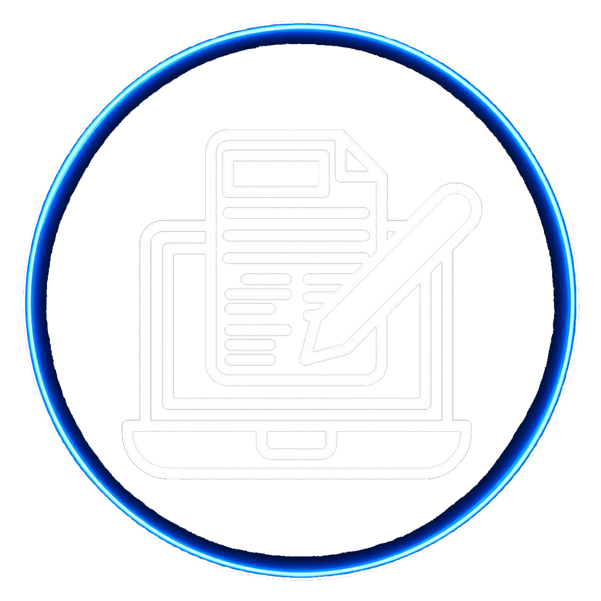A purple circle with an icon in the middle that shows a laptop that has a document with a pen on it representing writing