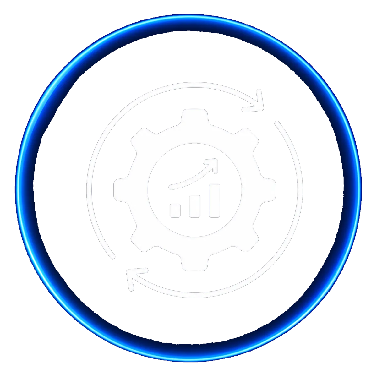 A purple circle with an icon in the middle that shows a gear with arrows around it and an upwards chart in the middle of it