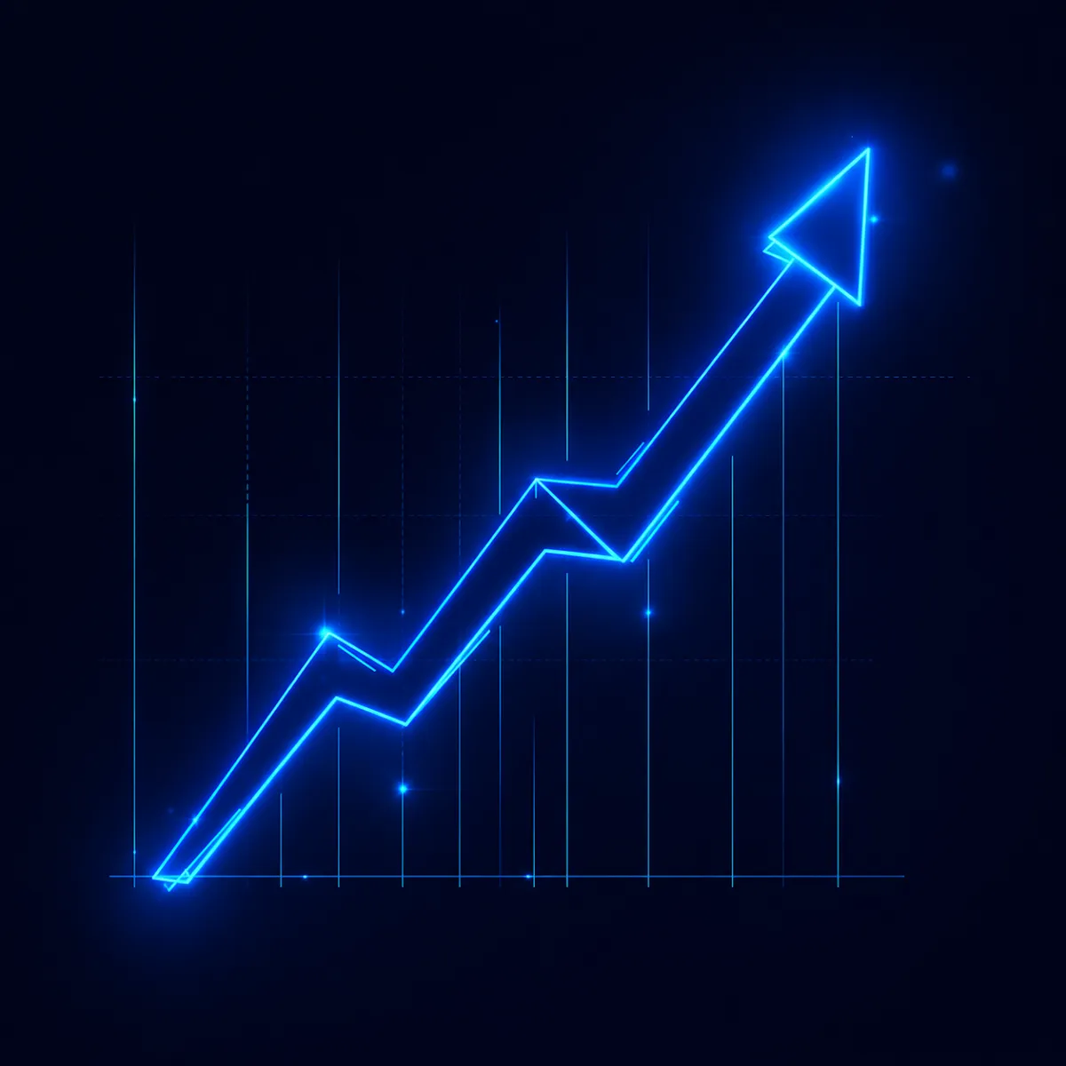 Neon purple and blue glowing arrow graph trending upward against a dark background with faint grid lines and digital light streaks
